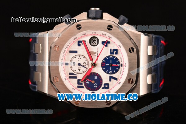 Audemars Piguet Royal Oak Offshore Tour Auto 2012 Best Edition Chrono Swiss Valjoux 7750 Automatic Steel Case with White Dial Blue Arabic Numeral Markers and Blue Leather Strap (JF) - Click Image to Close